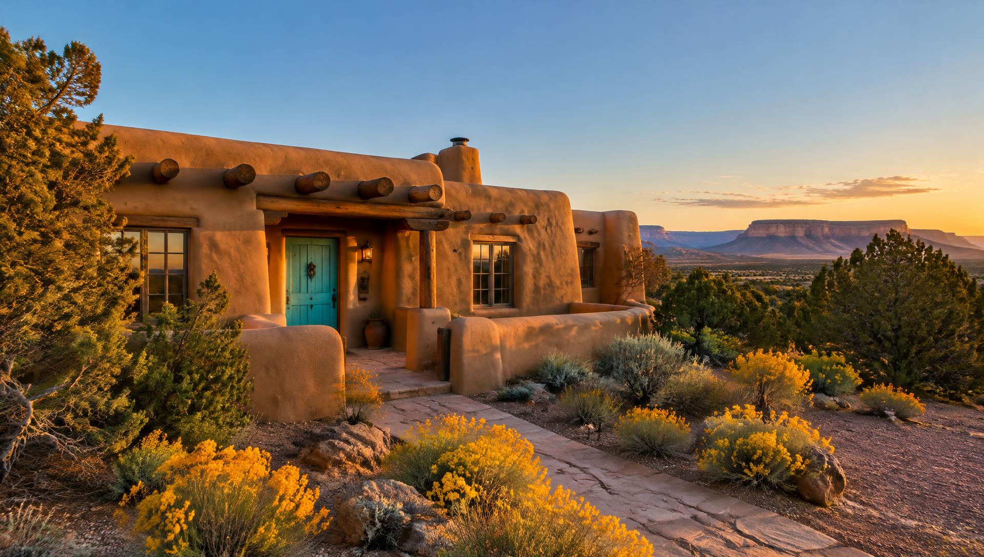 Adobe-style home with a turquoise door beneath a wide desert sky