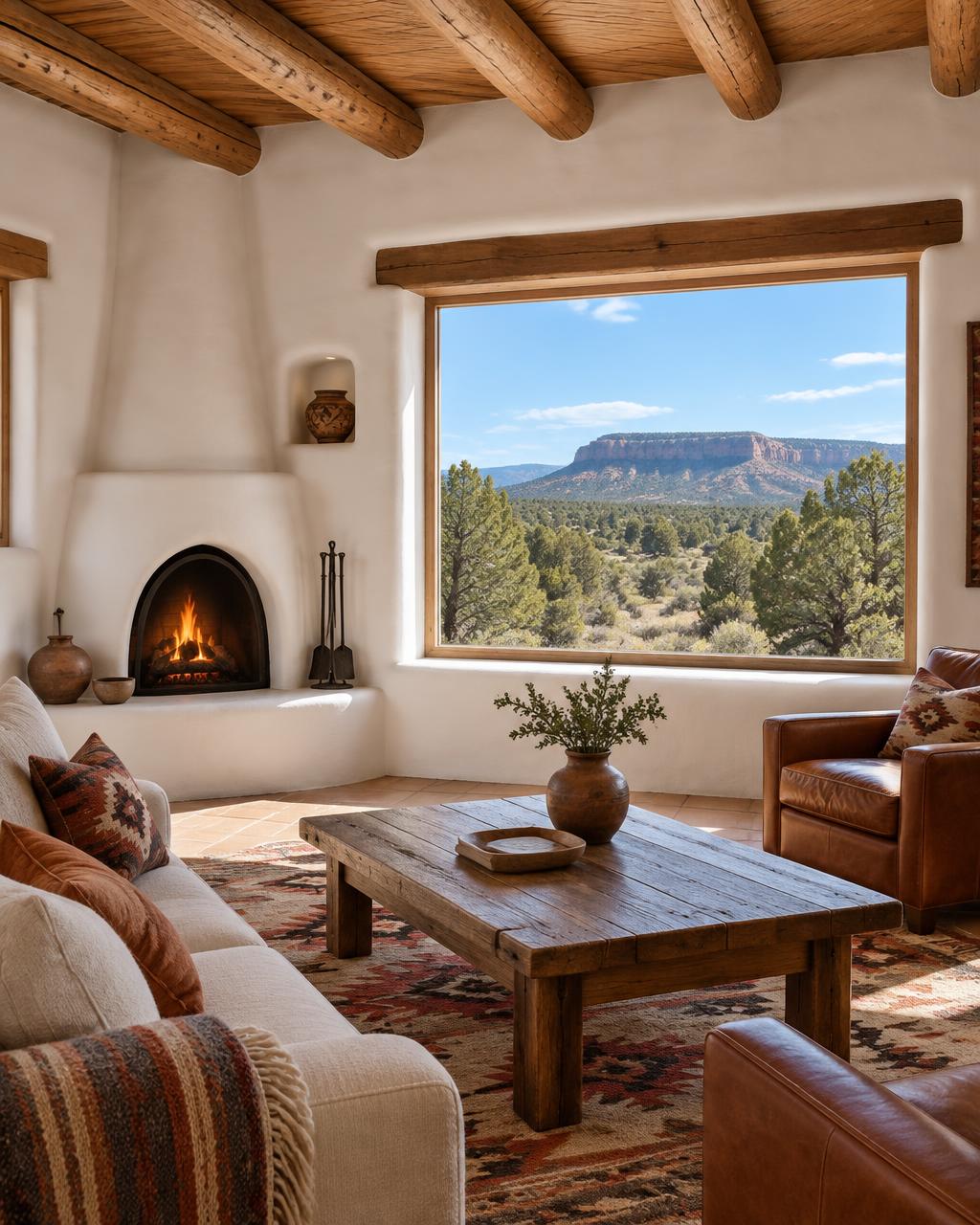 Bright adobe living room with wood ceiling beams and a kiva fireplace